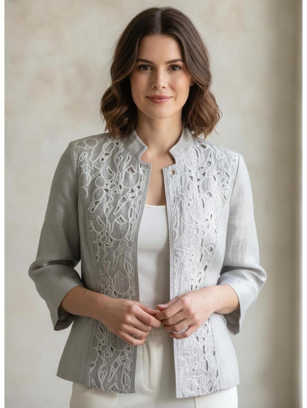 Chico's Gray Linen Jacket with White Lace Front Trim Large